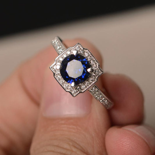 1.75 Ct Round Cut Blue Sapphire Square Halo Engagement Ring In 925 Sterling Silver