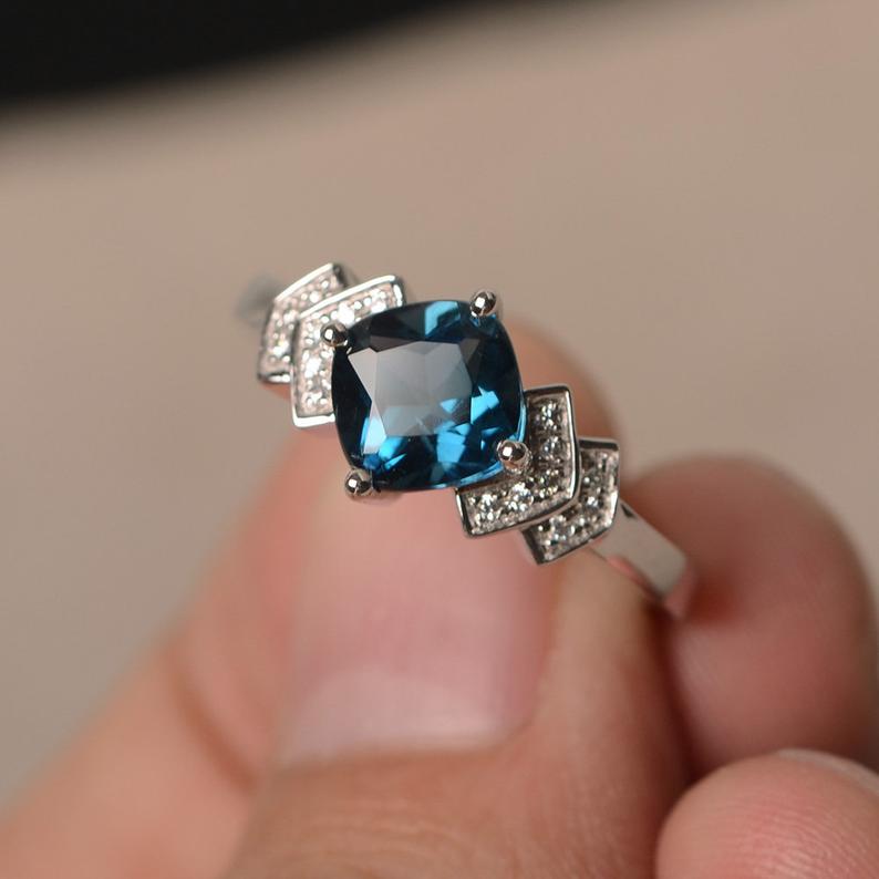 2.50 Ct Cushion Cut London Blue Topaz Solitaire Engagement Ring In 925 Sterling Silver