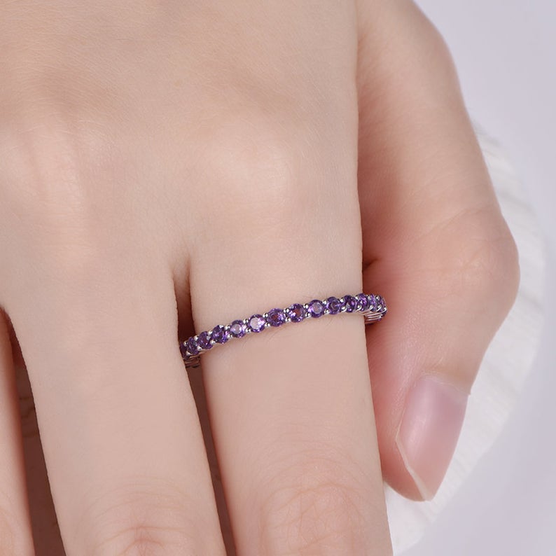 1.20 CT Round Cut Amethyst Diamond White Gold Over On 925 Sterling Silver Full Eternity Wedding Band Ring