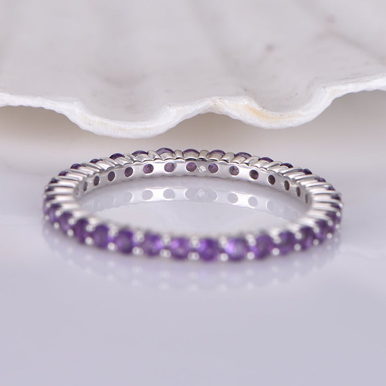1.20 CT Round Cut Amethyst Diamond White Gold Over On 925 Sterling Silver Full Eternity Wedding Band Ring