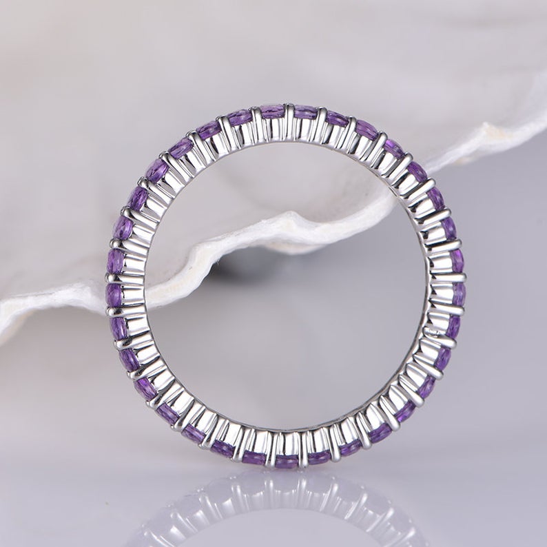 1.20 CT Round Cut Amethyst Diamond White Gold Over On 925 Sterling Silver Full Eternity Wedding Band Ring