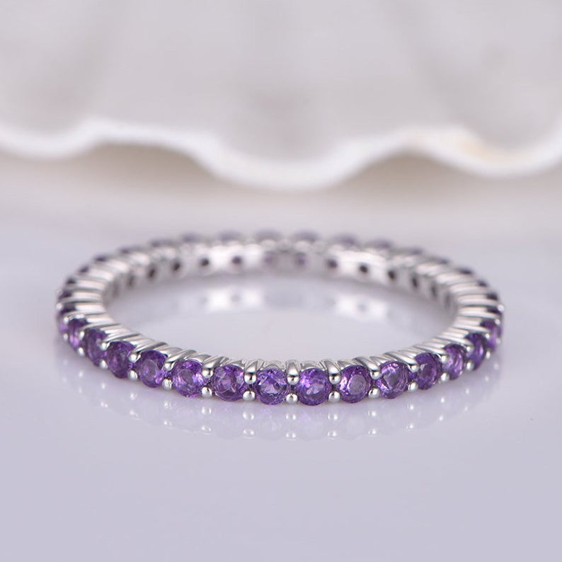 1.20 CT Round Cut Amethyst Diamond White Gold Over On 925 Sterling Silver Full Eternity Wedding Band Ring