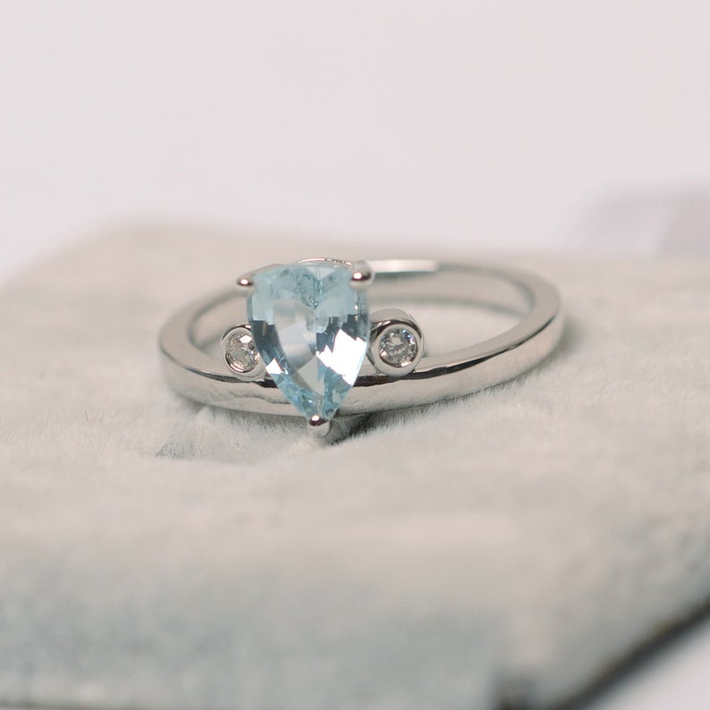 1.50 Ct Trillion Cut Aquamarine & Round CZ Three-Stone Promise Ring In 925 Sterling Silver