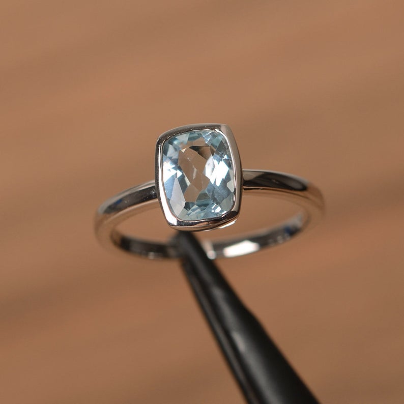 1.20 Ct Cushion Cut Aquamarine Solitaire March Birthstone Ring In 925 Sterling Silver