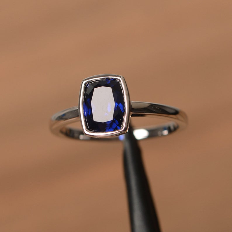 1.00 Ct Cushion Cut Blue Sapphire Bezel Set September Birthstone Ring In 925 Sterling Silver