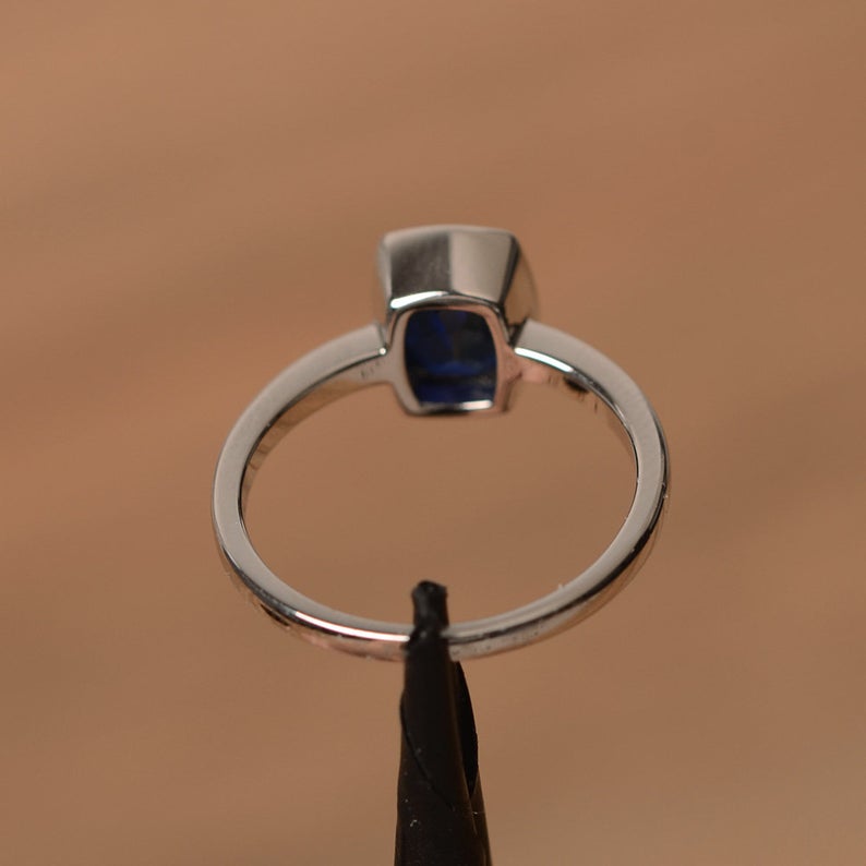 1.00 Ct Cushion Cut Blue Sapphire Bezel Set September Birthstone Ring In 925 Sterling Silver