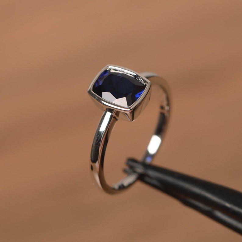 1.00 Ct Cushion Cut Blue Sapphire Bezel Set September Birthstone Ring In 925 Sterling Silver