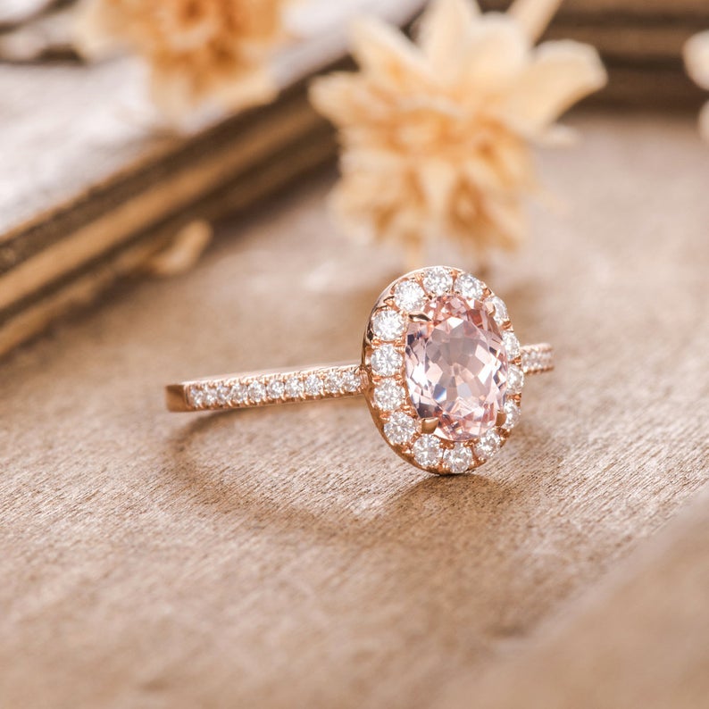 1 CT Oval Cut Morganite Diamond Rose Gold Over On 925 Sterling Silver Women Halo Promise Ring