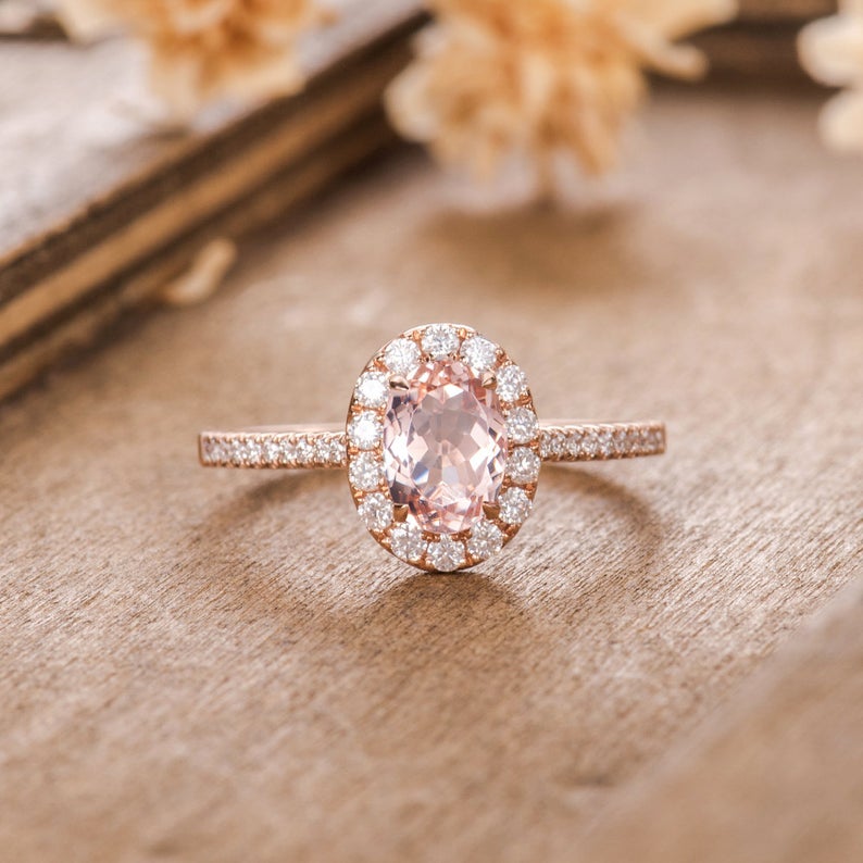 1 CT Oval Cut Morganite Diamond Rose Gold Over On 925 Sterling Silver Women Halo Promise Ring