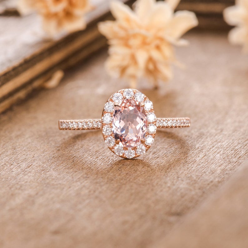 1 CT Oval Cut Morganite Diamond Rose Gold Over On 925 Sterling Silver Women Halo Promise Ring