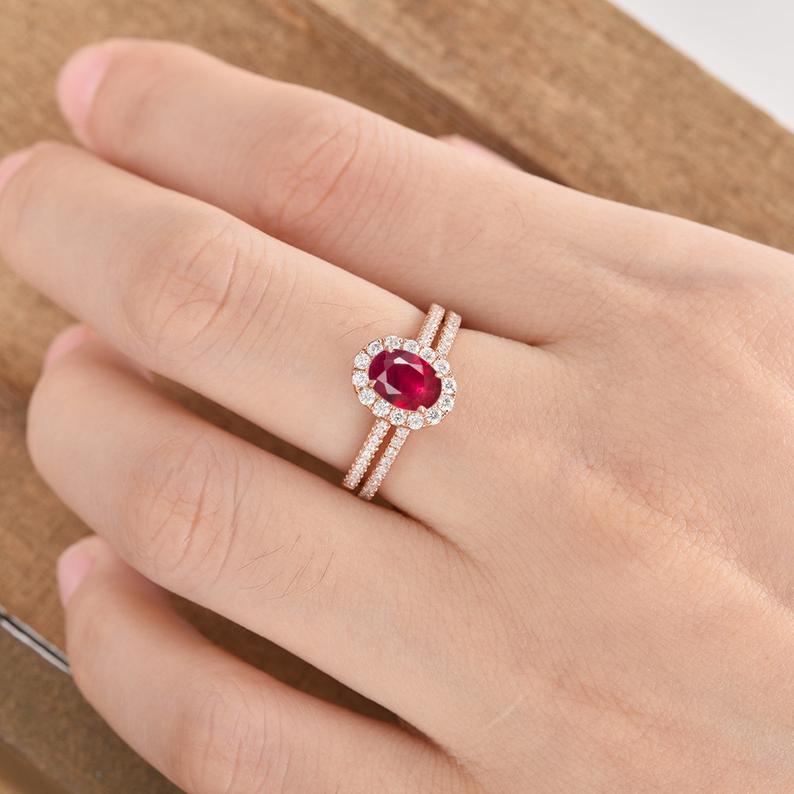 1 CT Oval Cut Pink Ruby Diamond Rose Gold Over On 925 Sterling Silver Halo Bridal Ring Set