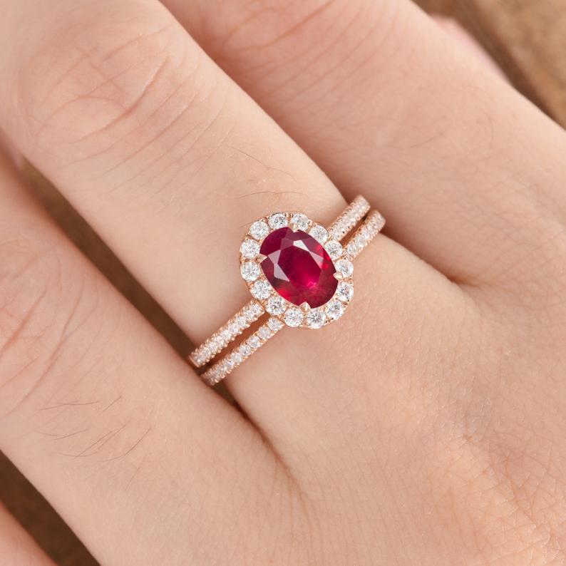 1 CT Oval Cut Pink Ruby Diamond Rose Gold Over On 925 Sterling Silver Halo Bridal Ring Set