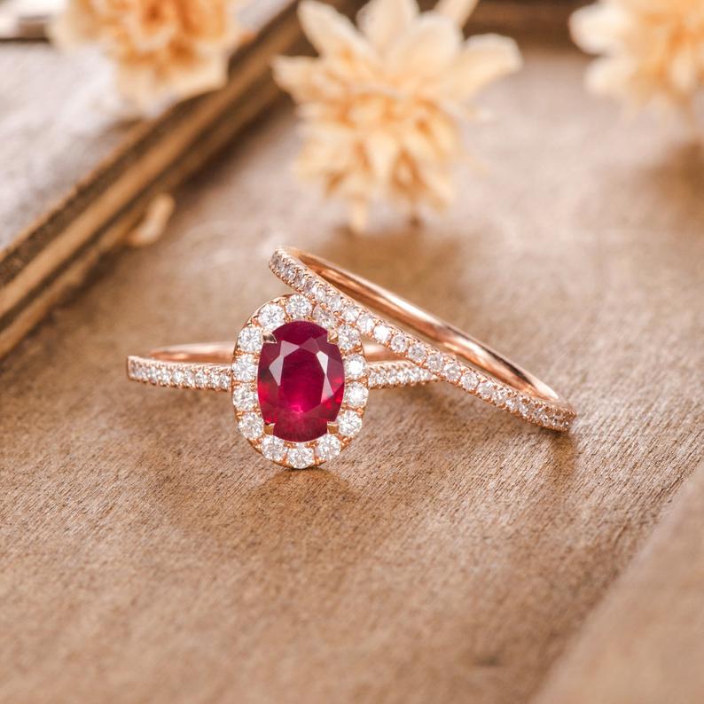 1 CT Oval Cut Pink Ruby Diamond Rose Gold Over On 925 Sterling Silver Halo Bridal Ring Set