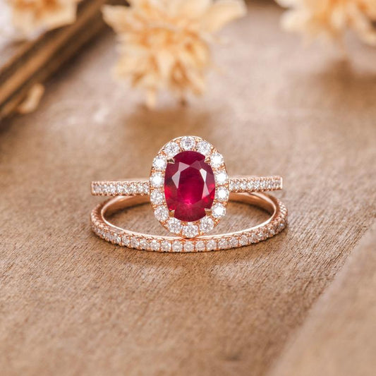 1 CT Oval Cut Pink Ruby Diamond Rose Gold Over On 925 Sterling Silver Halo Bridal Ring Set