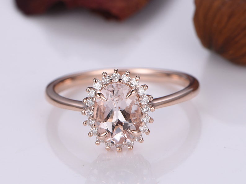 2 CT Oval Cut Morganite Diamond Rose Gold Over On 925 Sterling Silver Halo Anniversary Ring
