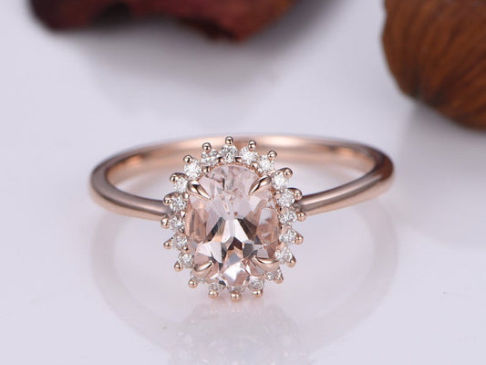 2 CT Oval Cut Morganite Diamond Rose Gold Over On 925 Sterling Silver Halo Anniversary Ring