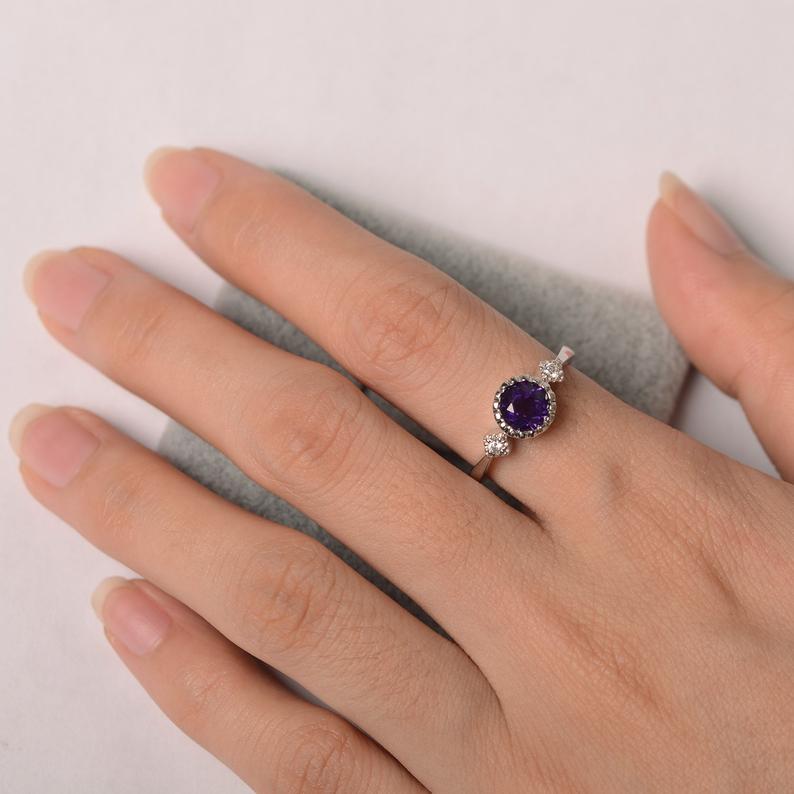 1.20 Ct Round Cut Purple Amethyst & White CZ Three-Stone Promise Ring In 925 Sterling Silver