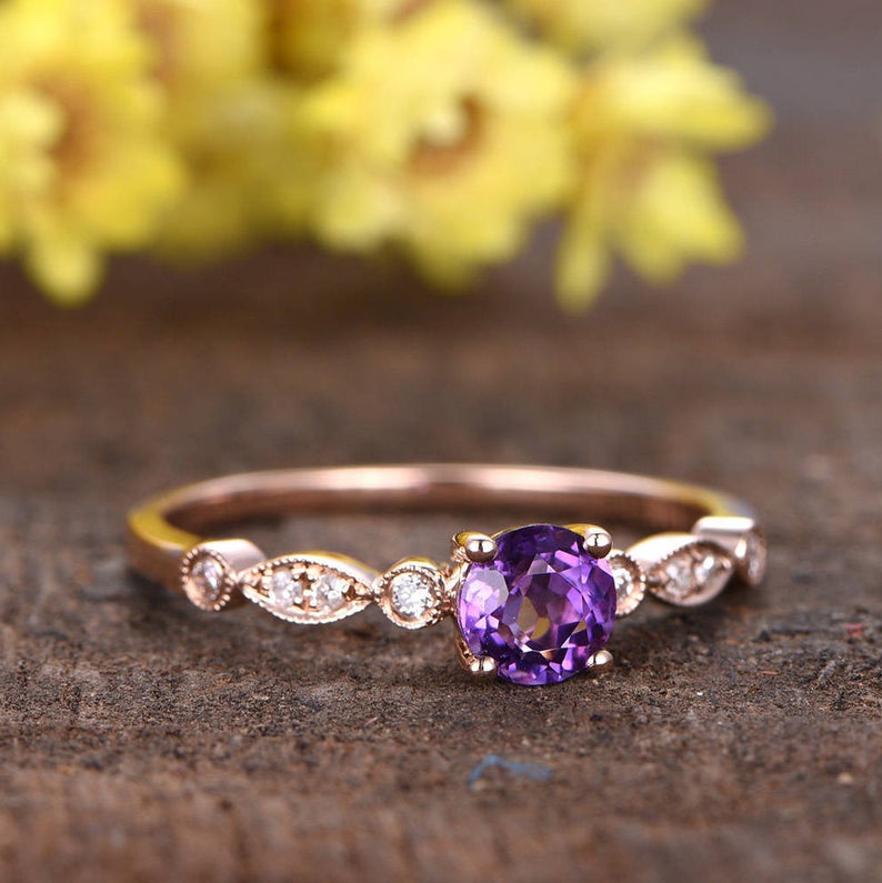 1 CT Round Cut Amethyst Rose Gold Over On 925 Sterling Silver Solitaire W/Accents Engagement Ring