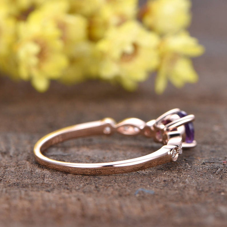 1 CT Round Cut Amethyst Rose Gold Over On 925 Sterling Silver Solitaire W/Accents Engagement Ring