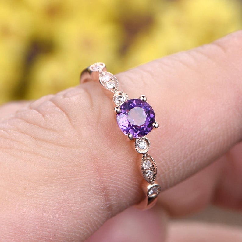 1 CT Round Cut Amethyst Rose Gold Over On 925 Sterling Silver Solitaire W/Accents Engagement Ring