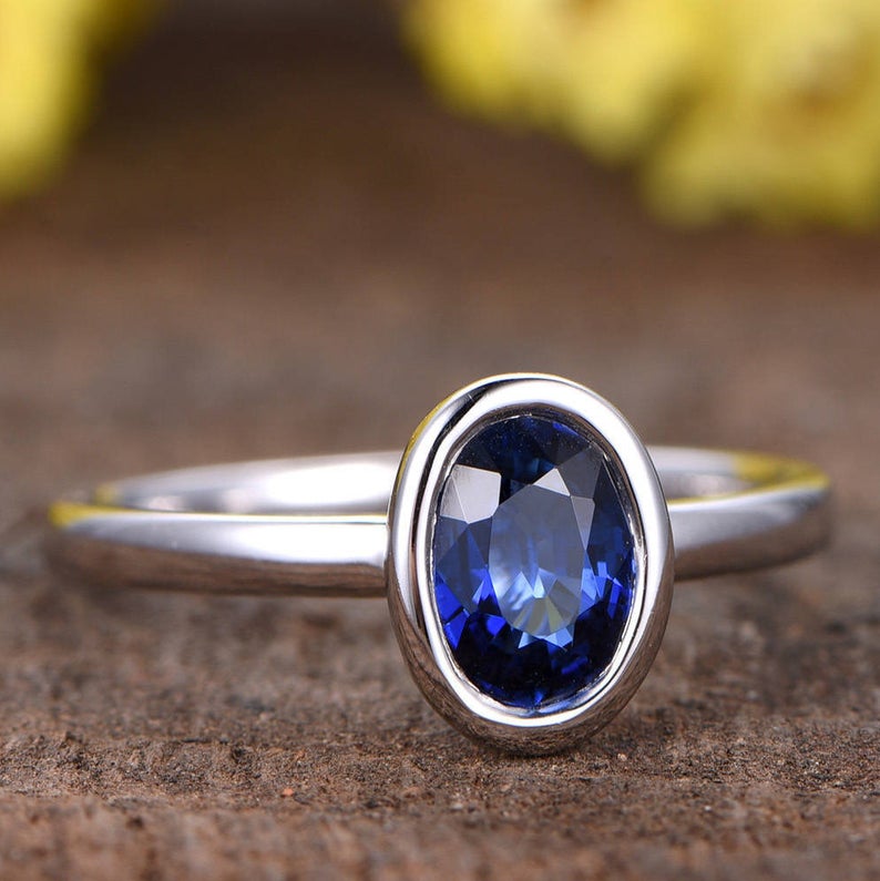1.20 Ct Oval Cut Blue Sapphire 925 Sterling Silver Bezel Set September Birthstone Solitaire Ring