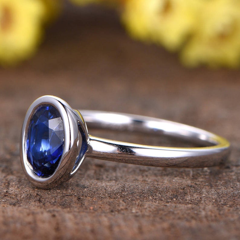 1.20 Ct Oval Cut Blue Sapphire 925 Sterling Silver Bezel Set September Birthstone Solitaire Ring