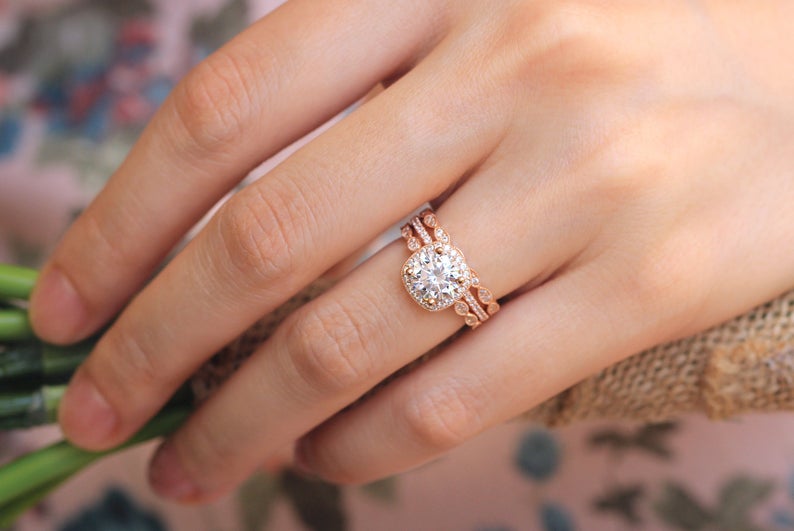 2 CT Brilliant Cut Diamond 925 Sterling Silver Women's Halo Anniversary Trio Ring Set