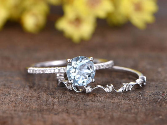 1.50 Ct Round Cut Aquamarine 925 Sterling Silver Half Eternity Band Wedding Bridal Ring Set