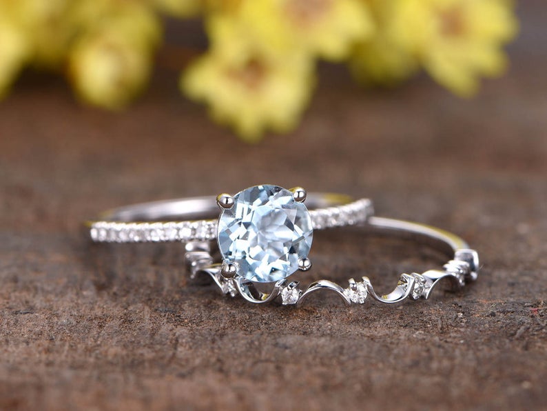 1.75 Ct Round Cut Aquamarine 925 Sterling Silver Engagement Wedding Band Ring Set