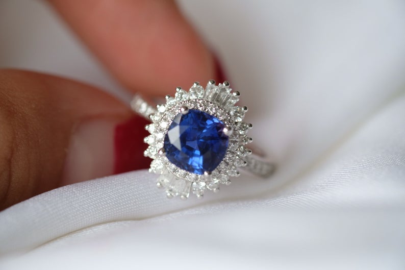 1 CT Cushion Cut Blue Sapphire Diamond 925 Sterling Silver Cluster Engagement Ring