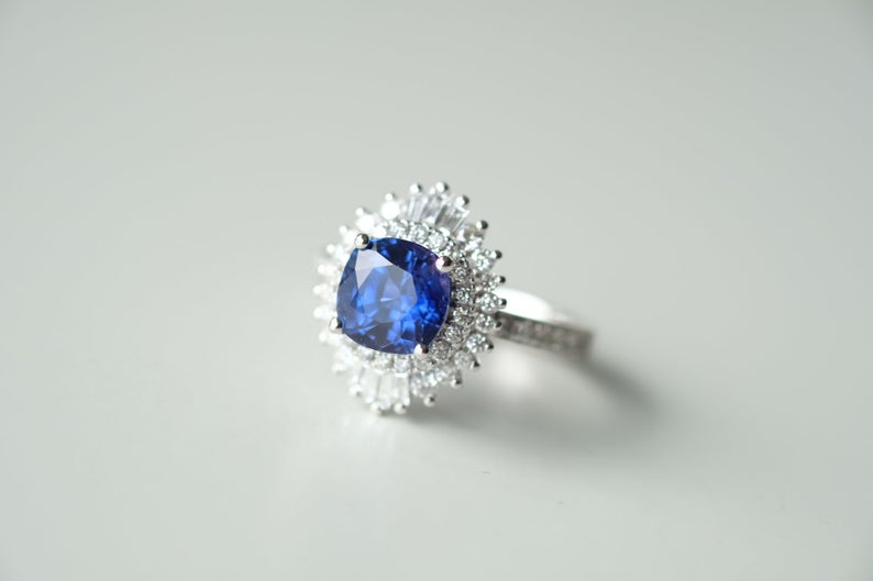 1 CT Cushion Cut Blue Sapphire Diamond 925 Sterling Silver Cluster Engagement Ring