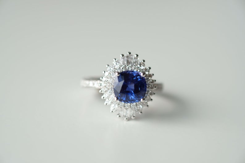 1 CT Cushion Cut Blue Sapphire Diamond 925 Sterling Silver Cluster Engagement Ring