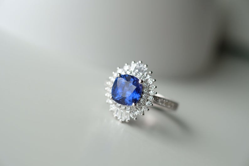 1 CT Cushion Cut Blue Sapphire Diamond 925 Sterling Silver Cluster Engagement Ring