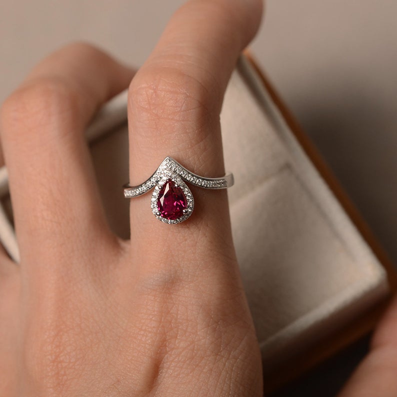 2.00 Ct Pear Cut Red Ruby 925 Sterling Silver Halo Engagement Wedding Band Ring