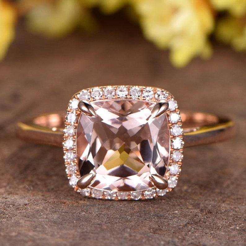 CT Cushion Cut Morganite Diamond Rose Gold Over On 925 Sterling Silver  Halo Wedding Ring