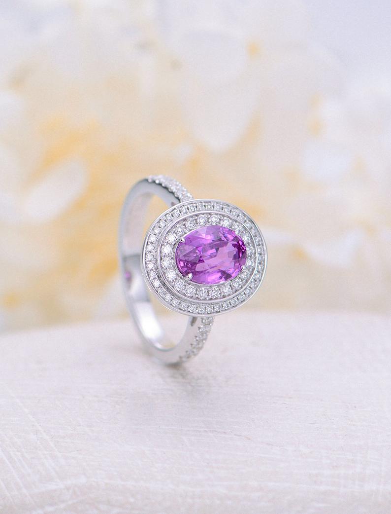 1 CT Oval Cut Amethyst Diamond White Gold Over On 925 Sterling Silver Woman Double Halo Anniversary Ring