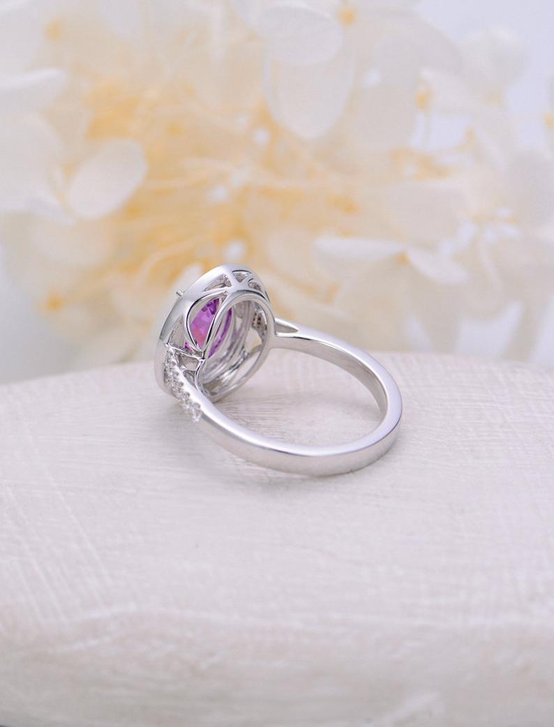 1 CT Oval Cut Amethyst Diamond White Gold Over On 925 Sterling Silver Woman Double Halo Anniversary Ring