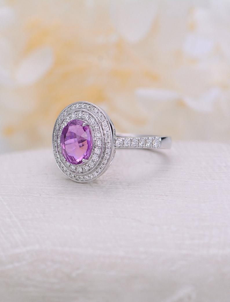 1 CT Oval Cut Amethyst Diamond White Gold Over On 925 Sterling Silver Woman Double Halo Anniversary Ring