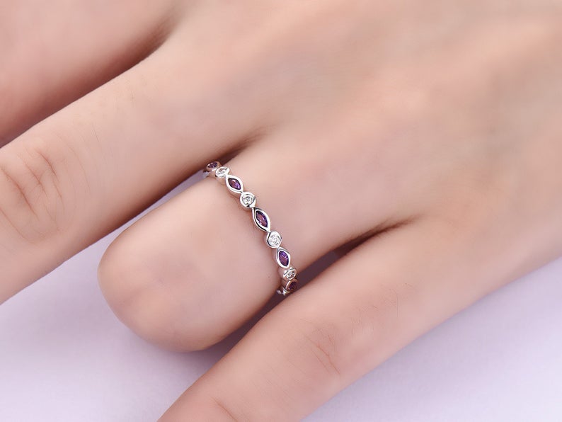 1.50 Ct Marquise Cut Purple Amethyst 925 Sterling Silver Half Eternity Promise Band Ring