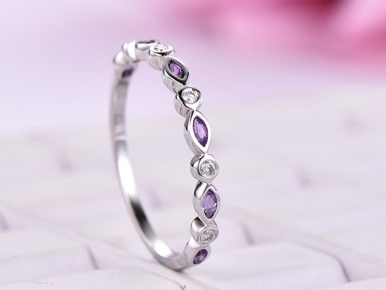 1.50 Ct Marquise Cut Purple Amethyst 925 Sterling Silver Half Eternity Promise Band Ring