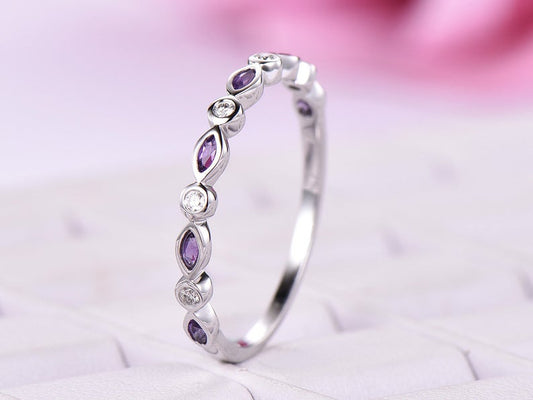 1.50 Ct Marquise Cut Purple Amethyst 925 Sterling Silver Half Eternity Promise Band Ring
