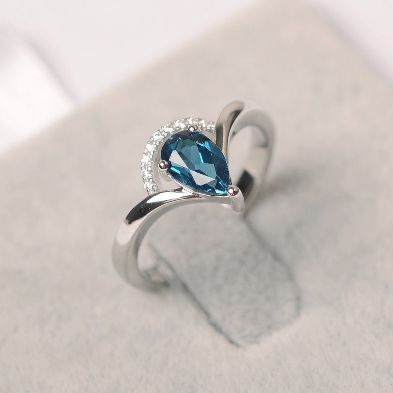 1.20 Ct Pear Cut London Blue Topaz 925 Sterling Silver Crown Style Engagement Ring