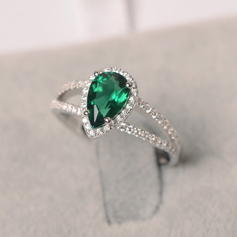 2 CT Pear Cut Emerald Diamond 925 Sterling Silver Halo Wedding Ring