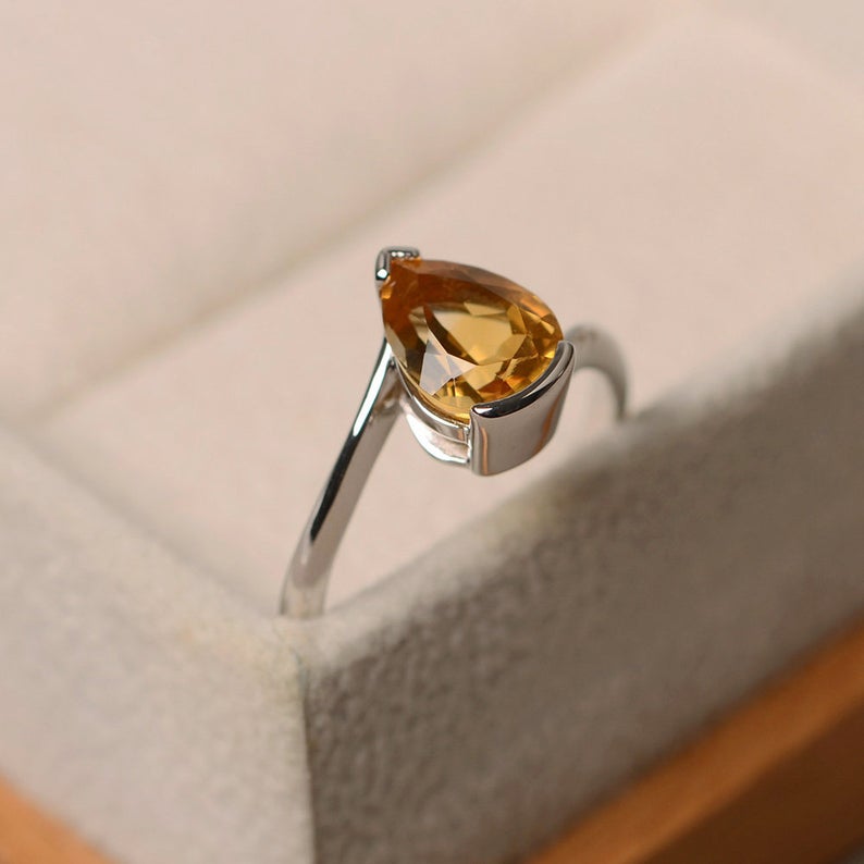 1.20 Ct Pear Cut Yellow Citrine 925 Sterling Silver Bezel Set November Birthstone Solitaire Ring
