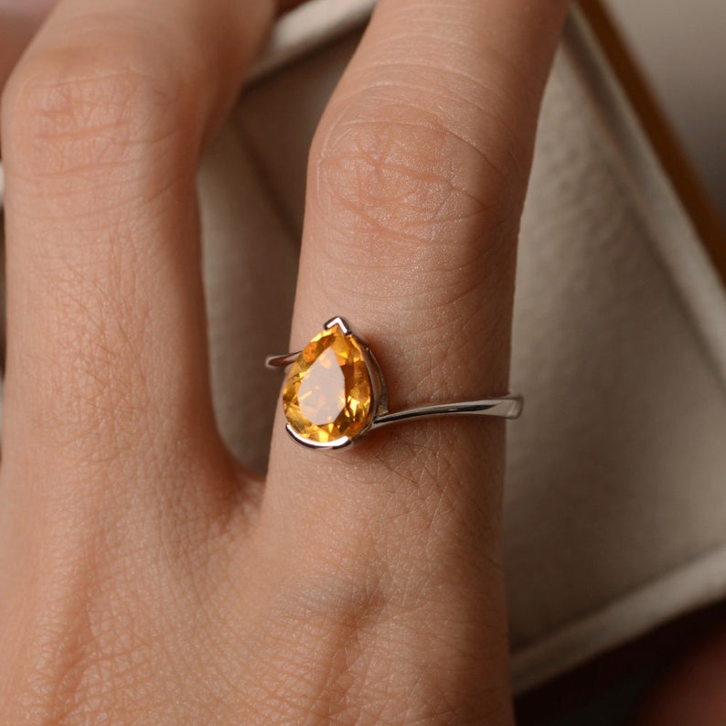 1.20 Ct Pear Cut Yellow Citrine 925 Sterling Silver Bezel Set November Birthstone Solitaire Ring