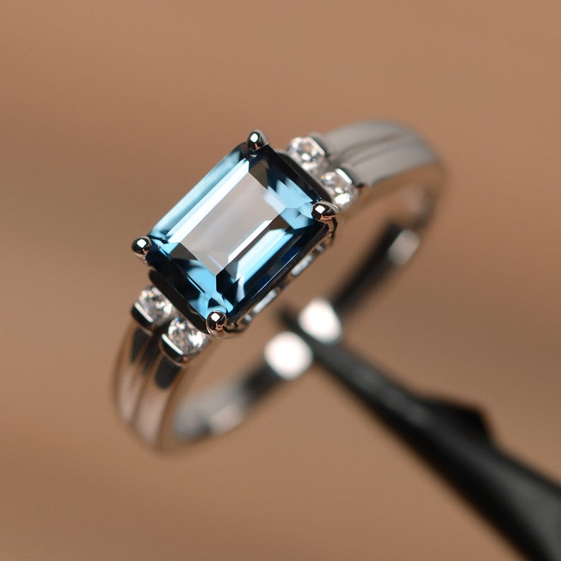 1.20 Ct Emerald Cut London Blue Topaz 925 Sterling Silver Solitaire December Birthstone Ring