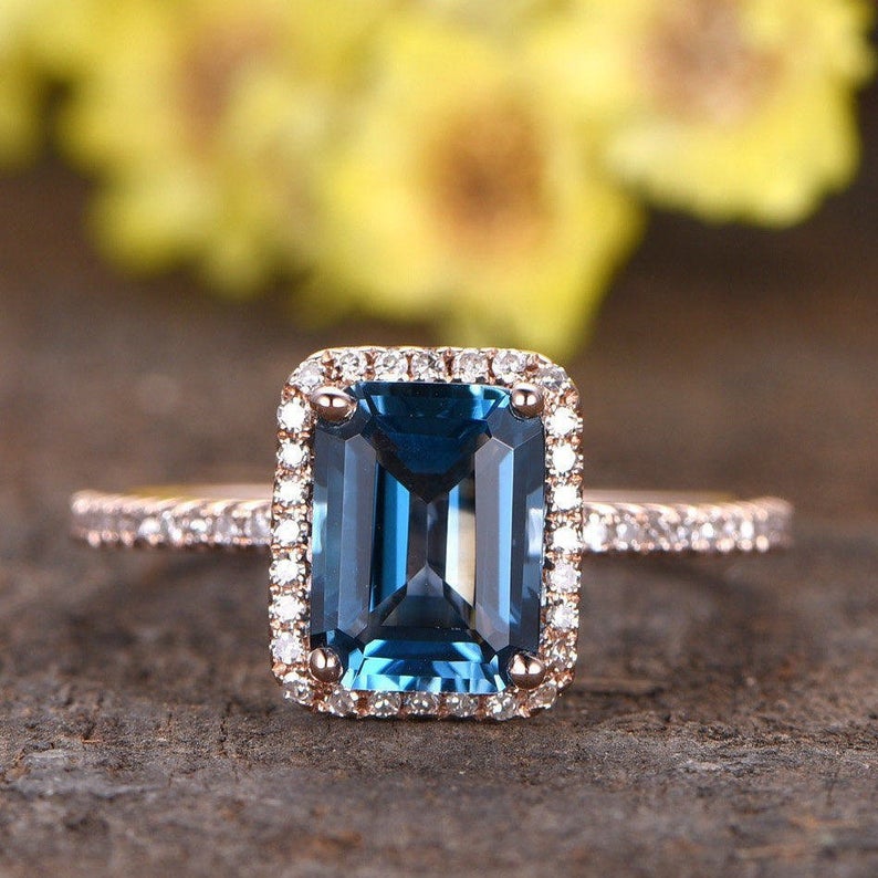 2.20 Ct Emerald Cut London Blue Topaz Rose Gold Over On 925 Sterling Silver Halo Engagement Ring