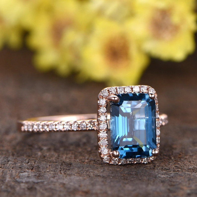 2.20 Ct Emerald Cut London Blue Topaz Rose Gold Over On 925 Sterling Silver Halo Engagement Ring