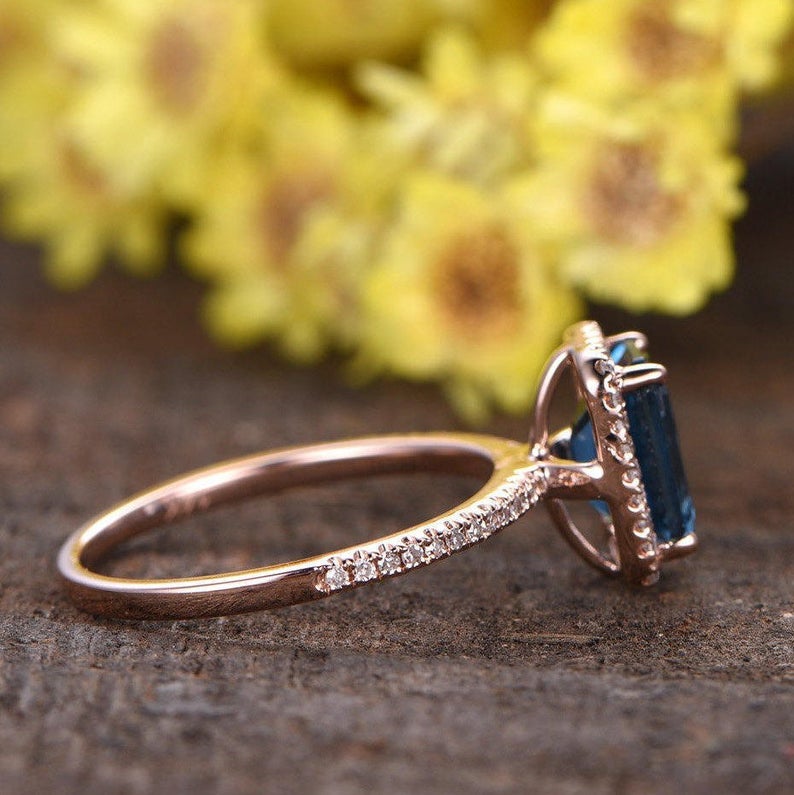 2.20 Ct Emerald Cut London Blue Topaz Rose Gold Over On 925 Sterling Silver Halo Engagement Ring