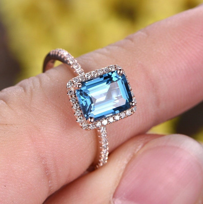 2.20 Ct Emerald Cut London Blue Topaz Rose Gold Over On 925 Sterling Silver Halo Engagement Ring